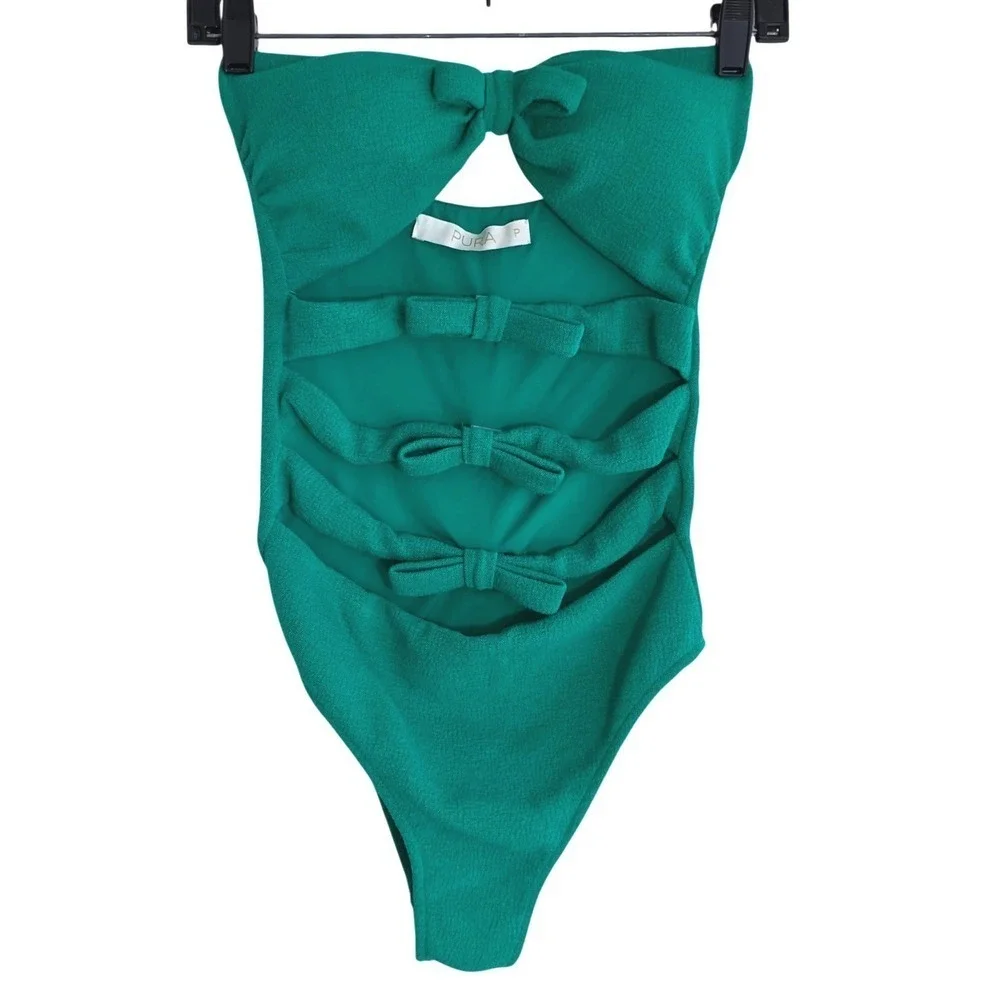 Pura Swimsuit Set Women P Green Bow Cutout Bandeau One Piece & Shorts Stretch